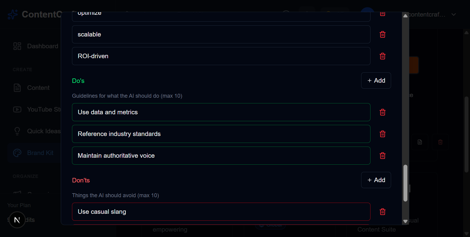 Brand voice configuration showing tone, vocabulary preferences, do's and don'ts